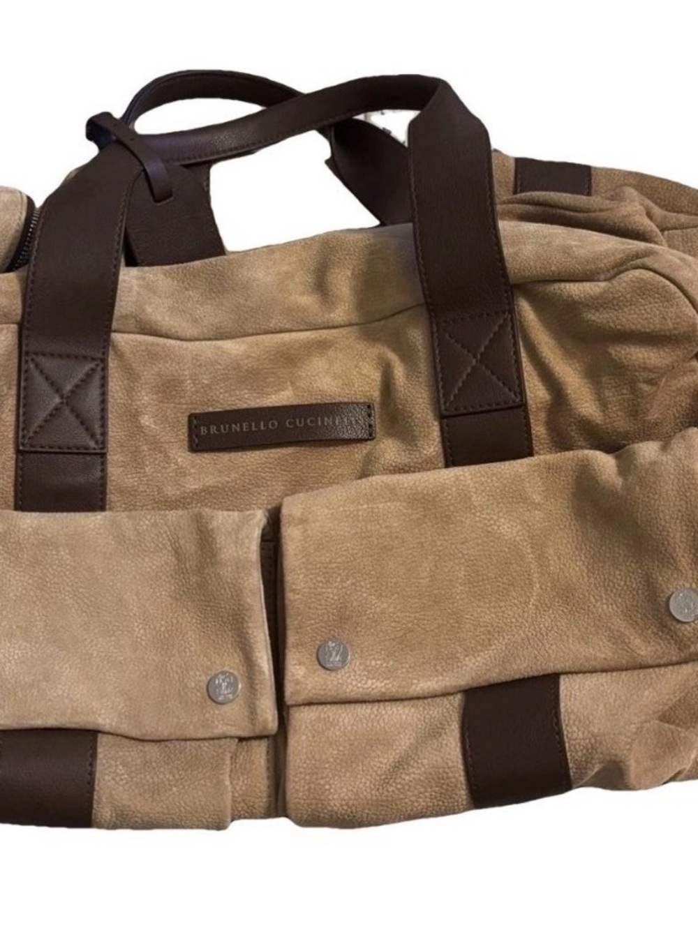 Brunello Cucinelli Tan Suede Duffel with Dark Brown Leather Trim